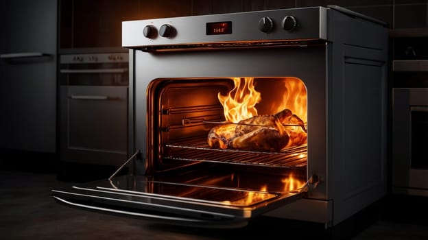 A realistic image of a chicken roasting in an oven. The oven door is open, revealing the chicken and the flames inside. A high-quality photo.