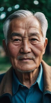 An older gentleman 75 years old gazes warmly at the camera, showcasing the lines of a life well-lived. He is dressed in a cap and coat, set against a blurred background during the day. Generative AI.