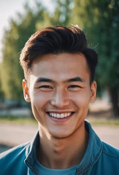 A young man 25 years old with a bright smile stands outdoors, surrounded by lively activity. A resident of Kazakhstan, cute man of 25 years old. A grown man, confident in his abilities. AI generated.