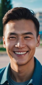 A young man 25 years old with a bright smile stands outdoors, surrounded by lively activity. A resident of Kazakhstan, cute man of 25 years old. A grown man, confident in his abilities. AI generated.