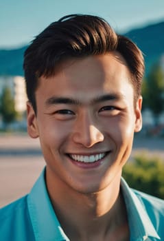 A young man 25 years old with a bright smile stands outdoors, surrounded by lively activity. A resident of Kazakhstan, cute man of 25 years old. A grown man, confident in his abilities. AI generated.