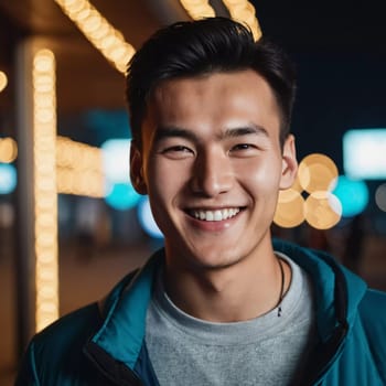 A young man 25 years old with a bright smile stands outdoors, surrounded by lively activity. A resident of Kazakhstan, cute man of 25 years old. A grown man, confident in his abilities. AI generated.