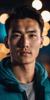A young man with a confident expression poses against a backdrop of colorful lights at night in urban setting. A resident of Kazakhstan, a cute man of 25 years old. Student or applicant. AI generated.