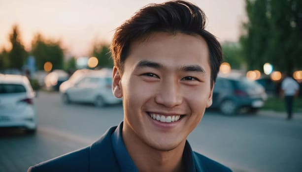 A young man 25 years old with a bright smile stands outdoors, surrounded by lively activity. A resident of Kazakhstan, cute man of 25 years old. A grown man, confident in his abilities. AI generated.