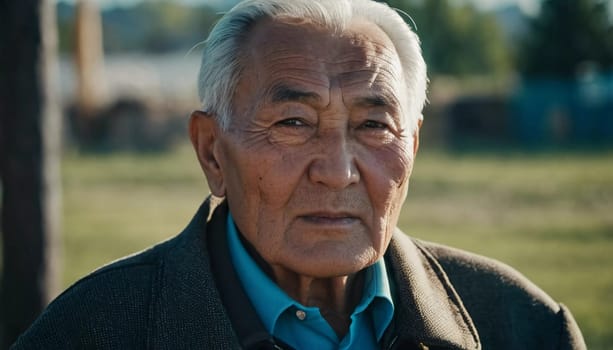 An older gentleman 75 years old gazes warmly at the camera, showcasing the lines of a life well-lived. He is dressed in a cap and coat, set against a blurred background during the day. Generative AI.