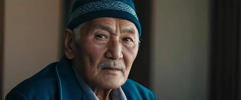 An older gentleman 75 years old gazes warmly at the camera, showcasing the lines of a life well-lived. He is dressed in a cap and coat, set against a blurred background during the day. Generative AI.