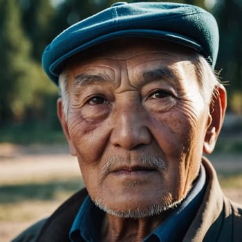An older gentleman 75 years old gazes warmly at the camera, showcasing the lines of a life well-lived. He is dressed in a cap and coat, set against a blurred background during the day. Generative AI.