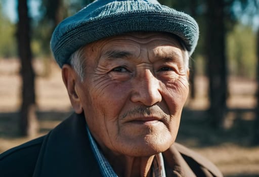 An older gentleman 75 years old gazes warmly at the camera, showcasing the lines of a life well-lived. He is dressed in a cap and coat, set against a blurred background during the day. Generative AI.