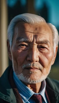 An older gentleman 75 years old gazes warmly at the camera, showcasing the lines of a life well-lived. He is dressed in a cap and coat, set against a blurred background during the day. Generative AI.