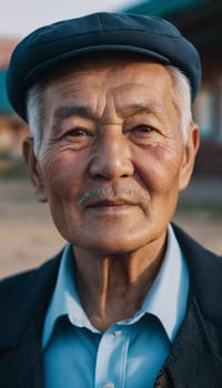 An older gentleman 75 years old gazes warmly at the camera, showcasing the lines of a life well-lived. He is dressed in a cap and coat, set against a blurred background during the day. Generative AI.