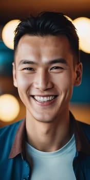 A young man 25 years old with a bright smile stands outdoors, surrounded by lively activity. A resident of Kazakhstan, cute man of 25 years old. A grown man, confident in his abilities. AI generated.