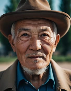An older gentleman 75 years old gazes warmly at the camera, showcasing the lines of a life well-lived. He is dressed in a cap and coat, set against a blurred background during the day. Generative AI.