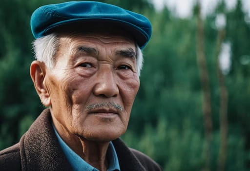 An older gentleman 75 years old gazes warmly at the camera, showcasing the lines of a life well-lived. He is dressed in a cap and coat, set against a blurred background during the day. Generative AI.
