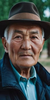 An older gentleman 75 years old gazes warmly at the camera, showcasing the lines of a life well-lived. He is dressed in a cap and coat, set against a blurred background during the day. Generative AI.