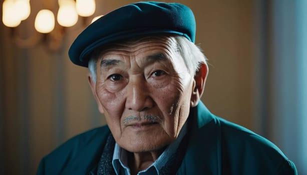 An older gentleman 75 years old gazes warmly at the camera, showcasing the lines of a life well-lived. He is dressed in a cap and coat, set against a blurred background during the day. Generative AI.