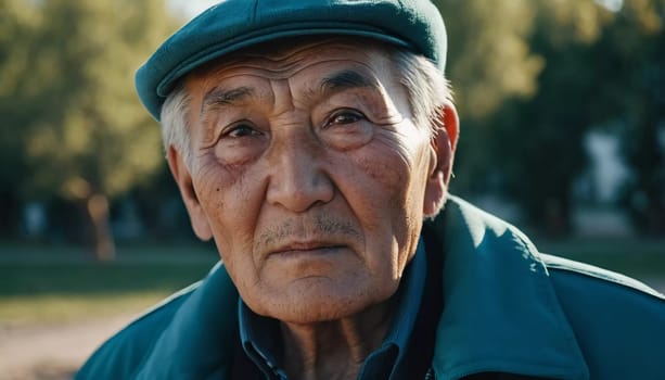 An older gentleman 75 years old gazes warmly at the camera, showcasing the lines of a life well-lived. He is dressed in a cap and coat, set against a blurred background during the day. Generative AI.