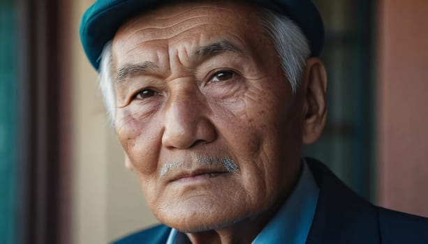 An older gentleman 75 years old gazes warmly at the camera, showcasing the lines of a life well-lived. He is dressed in a cap and coat, set against a blurred background during the day. Generative AI.