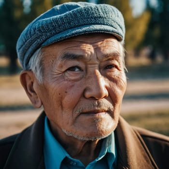 An older gentleman 75 years old gazes warmly at the camera, showcasing the lines of a life well-lived. He is dressed in a cap and coat, set against a blurred background during the day. Generative AI.