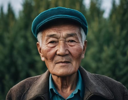 An older gentleman 75 years old gazes warmly at the camera, showcasing the lines of a life well-lived. He is dressed in a cap and coat, set against a blurred background during the day. Generative AI.