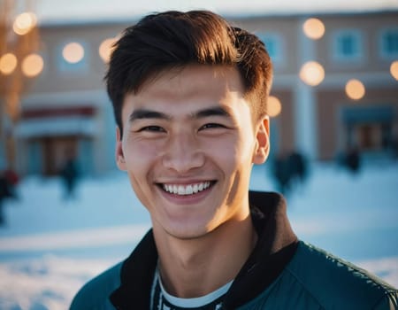 A young man 25 years old with a bright smile stands outdoors, surrounded by lively activity. A resident of Kazakhstan, cute man of 25 years old. A grown man, confident in his abilities. AI generated.