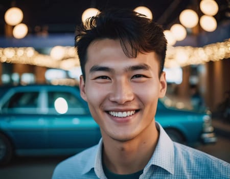 A young man 25 years old with a bright smile stands outdoors, surrounded by lively activity. A resident of Kazakhstan, cute man of 25 years old. A grown man, confident in his abilities. AI generated.