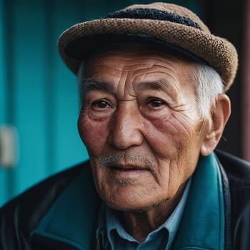An older gentleman 75 years old gazes warmly at the camera, showcasing the lines of a life well-lived. He is dressed in a cap and coat, set against a blurred background during the day. Generative AI.