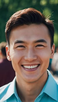 A young man 25 years old with a bright smile stands outdoors, surrounded by lively activity. A resident of Kazakhstan, cute man of 25 years old. A grown man, confident in his abilities. AI generated.