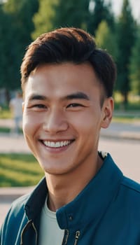 A young man 25 years old with a bright smile stands outdoors, surrounded by lively activity. A resident of Kazakhstan, cute man of 25 years old. A grown man, confident in his abilities. AI generated.