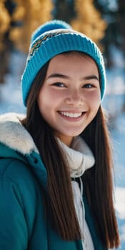 A cheerful young girl with long hair is smiling warmly, showcasing her happiness. Portrait of a pretty cheerful brunette girl, 15 years old, resident of Kazakhstan. Generative AI.