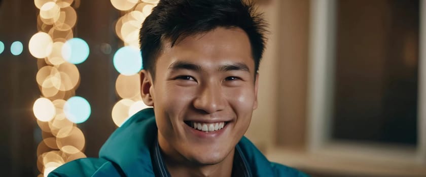 A young man 25 years old with a bright smile stands outdoors, surrounded by lively activity. A resident of Kazakhstan, cute man of 25 years old. A grown man, confident in his abilities. AI generated.