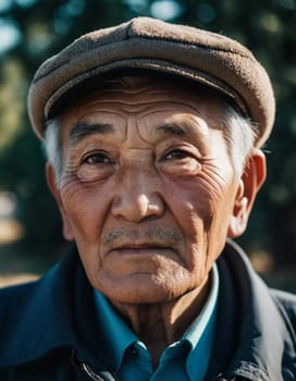 An older gentleman 75 years old gazes warmly at the camera, showcasing the lines of a life well-lived. He is dressed in a cap and coat, set against a blurred background during the day. Generative AI.