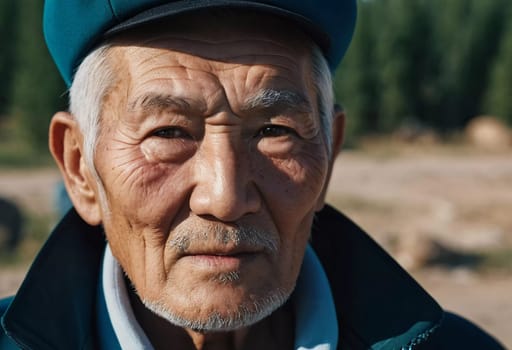 An older gentleman 75 years old gazes warmly at the camera, showcasing the lines of a life well-lived. He is dressed in a cap and coat, set against a blurred background during the day. Generative AI.