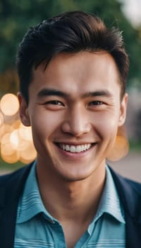 A young man 25 years old with a bright smile stands outdoors, surrounded by lively activity. A resident of Kazakhstan, cute man of 25 years old. A grown man, confident in his abilities. AI generated.
