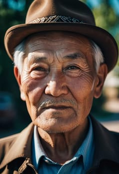 An older gentleman 75 years old gazes warmly at the camera, showcasing the lines of a life well-lived. He is dressed in a cap and coat, set against a blurred background during the day. Generative AI.