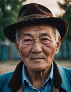 An older gentleman 75 years old gazes warmly at the camera, showcasing the lines of a life well-lived. He is dressed in a cap and coat, set against a blurred background during the day. Generative AI.