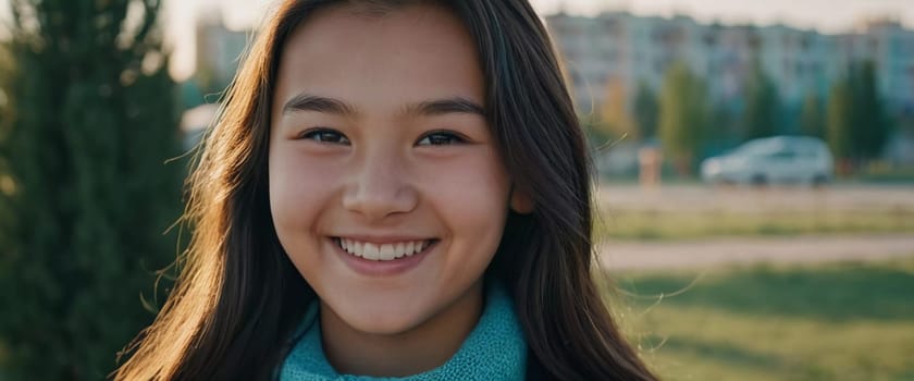 A cheerful young girl with long hair is smiling warmly, showcasing her happiness. Portrait of a pretty cheerful brunette girl, 15 years old, resident of Kazakhstan. Generative AI.
