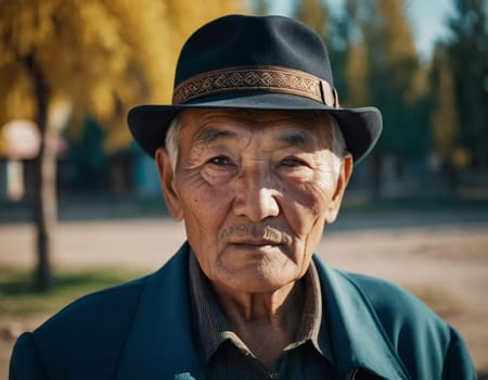 An older gentleman 75 years old gazes warmly at the camera, showcasing the lines of a life well-lived. He is dressed in a cap and coat, set against a blurred background during the day. Generative AI.