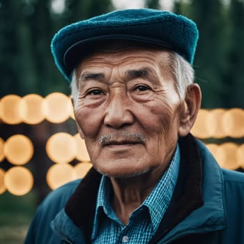 An older gentleman 75 years old gazes warmly at the camera, showcasing the lines of a life well-lived. He is dressed in a cap and coat, set against a blurred background during the day. Generative AI.