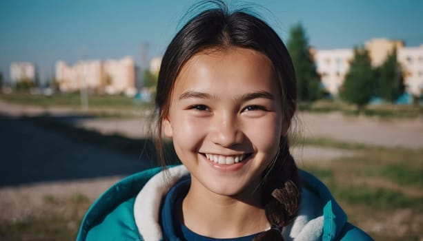 A cheerful young girl with long hair is smiling warmly, showcasing her happiness. Portrait of a pretty cheerful brunette girl, 15 years old, resident of Kazakhstan. Generative AI.