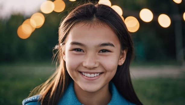 A cheerful young girl with long hair is smiling warmly, showcasing her happiness. Portrait of a pretty cheerful brunette girl, 15 years old, resident of Kazakhstan. Generative AI.