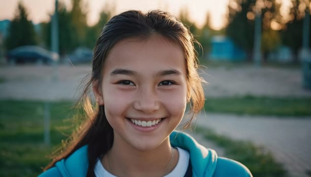 A cheerful young girl with long hair is smiling warmly, showcasing her happiness. Portrait of a pretty cheerful brunette girl, 15 years old, resident of Kazakhstan. Generative AI.