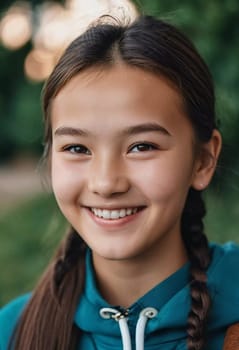 A cheerful young girl with long hair is smiling warmly, showcasing her happiness. Portrait of a pretty cheerful brunette girl, 15 years old, resident of Kazakhstan. Generative AI.