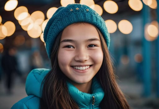 A cheerful young girl with long hair is smiling warmly, showcasing her happiness. Portrait of a pretty cheerful brunette girl, 15 years old, resident of Kazakhstan. Generative AI.