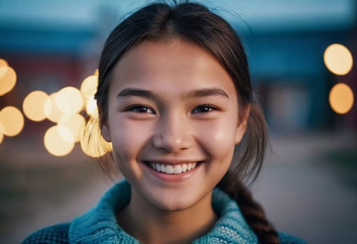 A cheerful young girl with long hair is smiling warmly, showcasing her happiness. Portrait of a pretty cheerful brunette girl, 15 years old, resident of Kazakhstan. Generative AI.