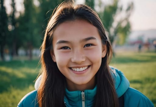 A cheerful young girl with long hair is smiling warmly, showcasing her happiness. Portrait of a pretty cheerful brunette girl, 15 years old, resident of Kazakhstan. Generative AI.