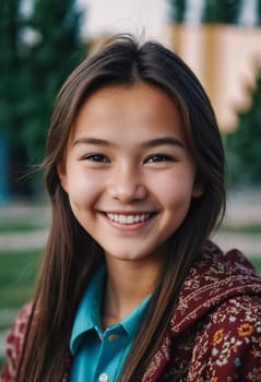 A cheerful young girl with long hair is smiling warmly, showcasing her happiness. Portrait of a pretty cheerful brunette girl, 15 years old, resident of Kazakhstan. Generative AI.