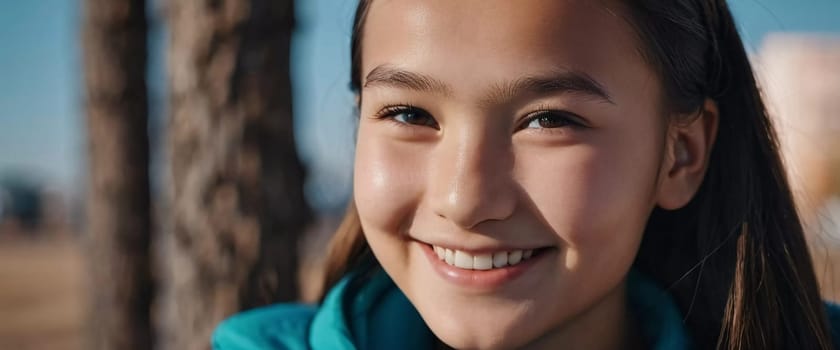A cheerful young girl with long hair is smiling warmly, showcasing her happiness. Portrait of a pretty cheerful brunette girl, 15 years old, resident of Kazakhstan. Generative AI.