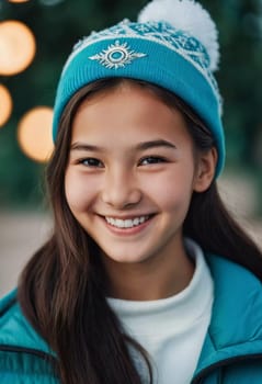 A cheerful young girl with long hair is smiling warmly, showcasing her happiness. Portrait of a pretty cheerful brunette girl, 15 years old, resident of Kazakhstan. Generative AI.