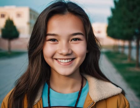 A cheerful young girl with long hair is smiling warmly, showcasing her happiness. Portrait of a pretty cheerful brunette girl, 15 years old, resident of Kazakhstan. Generative AI.