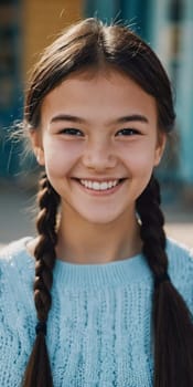 A cheerful young girl with long hair is smiling warmly, showcasing her happiness. Portrait of a pretty cheerful brunette girl, 15 years old, resident of Kazakhstan. Generative AI.